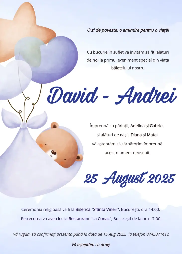 Invitație Botez - Ursuleț Printre Nori