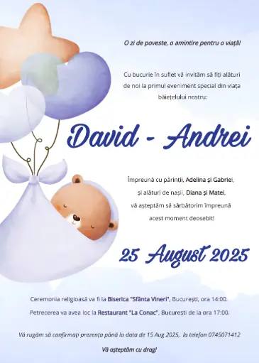 Invitație Botez - Ursuleț Printre Nori